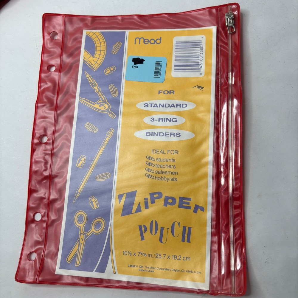 NEW VTG 90s‎ Mead Plastic Red Zip Pouch Pencil Case for Binder Clear Front NOS
